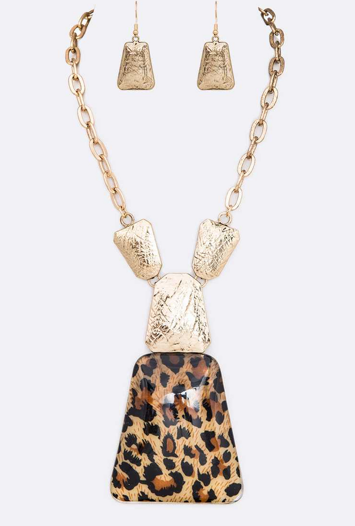 Resin Pendant Statement Necklace Set - Leopard Dazzled By B