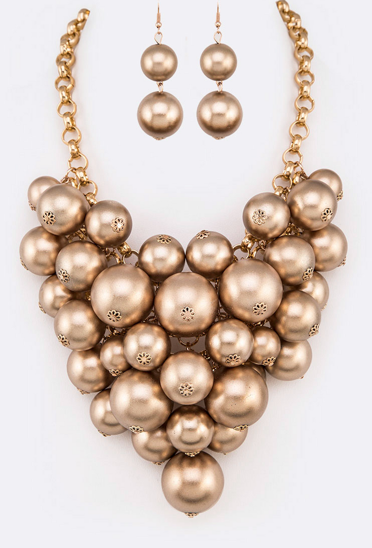Mix Beads Statement Necklace Set - Gold/Champagne Color Dazzled By B