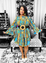 Load image into Gallery viewer, African Print Off Shoulder/ Smock Neck / Mid Length Dress-Blue Dazzled By B
