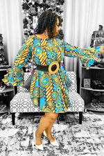 Load image into Gallery viewer, African Print Off Shoulder/ Smock Neck / Mid Length Dress-Blue Dazzled By B