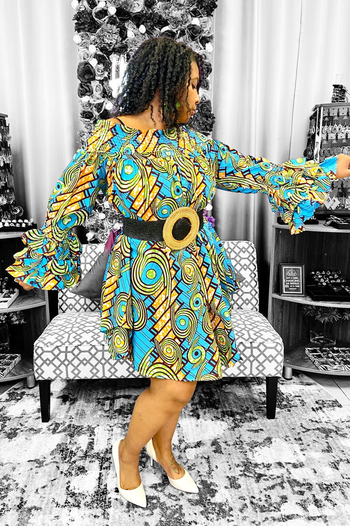 African Print Off Shoulder/ Smock Neck / Mid Length Dress-Blue Dazzled By B