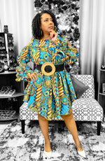 Load image into Gallery viewer, African Print Off Shoulder/ Smock Neck / Mid Length Dress-Blue Dazzled By B
