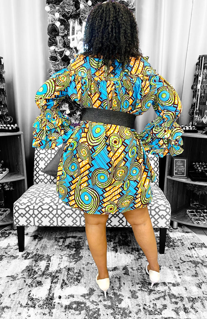 African Print Off Shoulder/ Smock Neck / Mid Length Dress-Blue Dazzled By B
