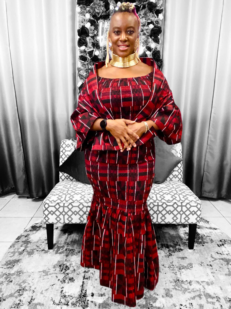 Kente Print Dress Burgundy Dazzled By B