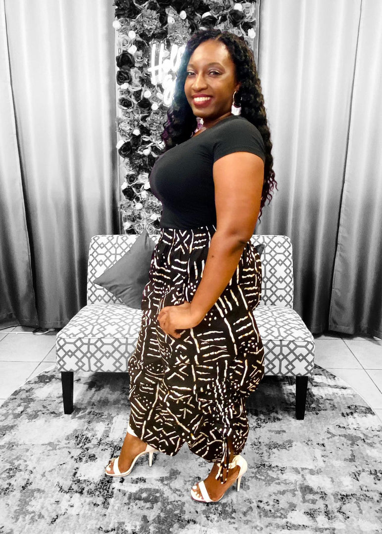 Women Long Palazzo Pants - Tribal Print Black & White Dazzled By B