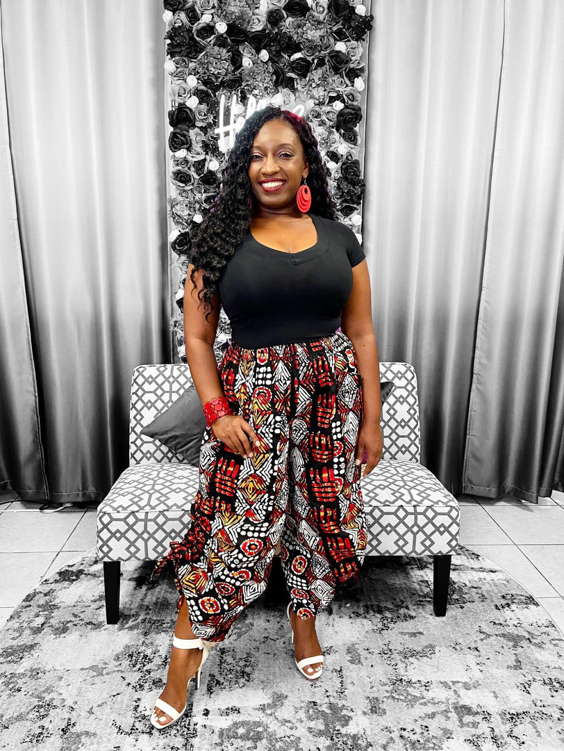 Women Long Palazzo Pants - Tribal Print Red & White Dazzled By B