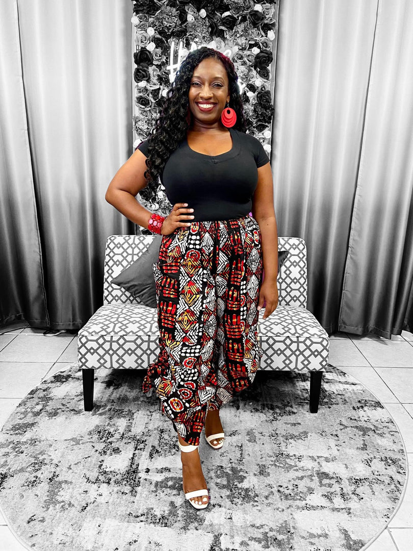 Women Long Palazzo Pants - Tribal Print Red & White Dazzled By B