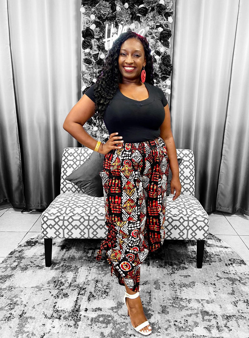 Women Long Palazzo Pants - Tribal Print Red & White Dazzled By B