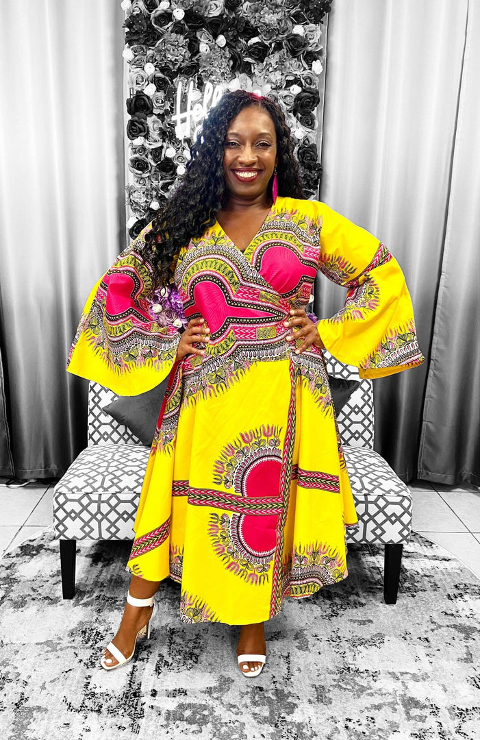 Dashiki Print Bell Sleeves Wrap Dress Dazzled By B