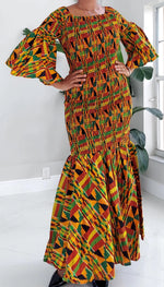 Load image into Gallery viewer, Kente Print Mermaid Dress Orange & Green Dazzled By B