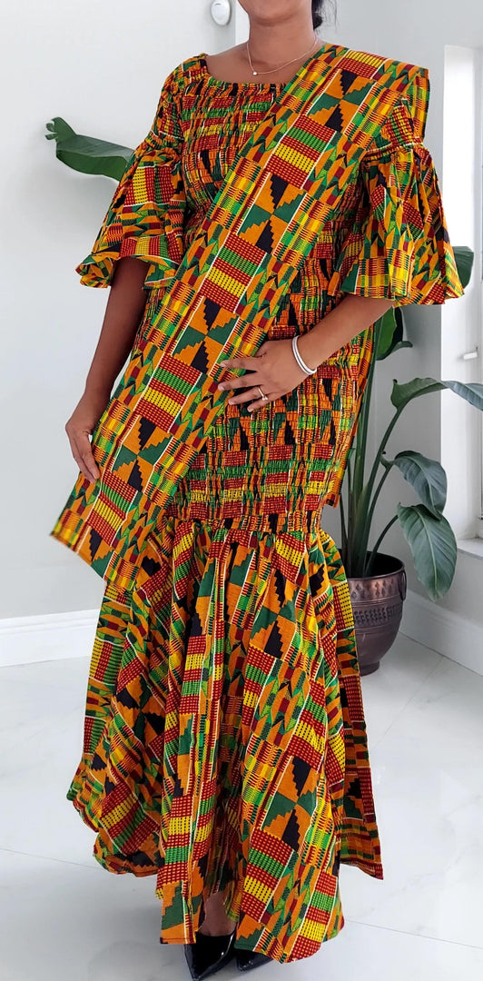 Kente Print Mermaid Dress Orange & Green Dazzled By B