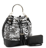 Load image into Gallery viewer, Graffiti Drawstring & Satchel Wallet Set - Black & White Dazzled By B