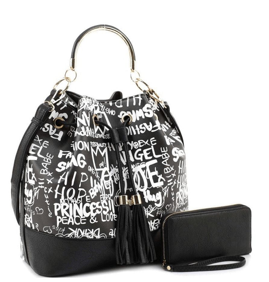 Graffiti Drawstring & Satchel Wallet Set - Black & White Dazzled By B