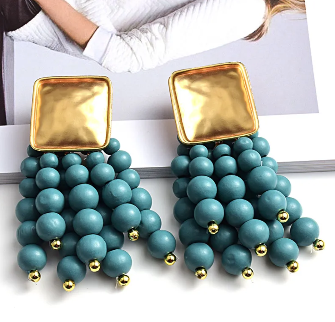Beaded Tassel Earrings - Green Dazzled By B