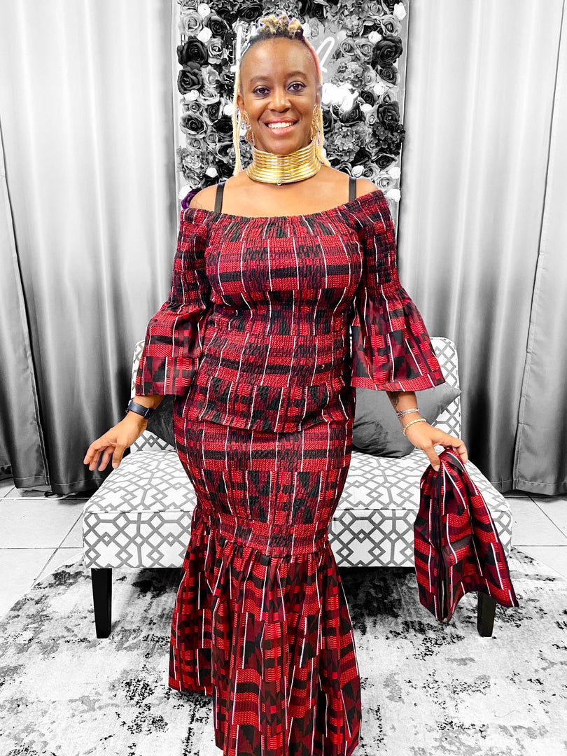 Kente Print Dress Burgundy Dazzled By B