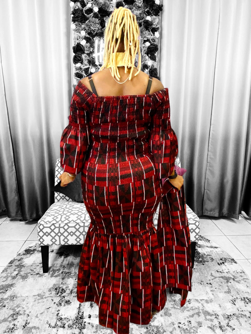 Kente Print Dress Burgundy Dazzled By B