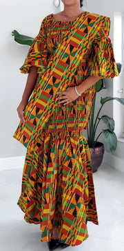 Kente Print Mermaid Dress Orange & Green Dazzled By B